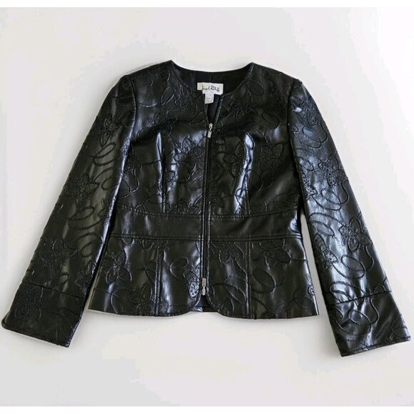 Joseph Ribkoff Jacket Womens 8 Black Faux Leather Sequin Embroidery Whimsigoth - Picture 9 of 16